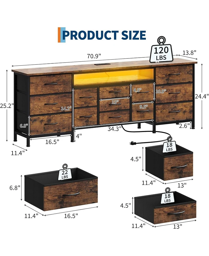 gaomon 70 Inch Long Dresser with 13 Drawers, Tv Stand for 65-80 Charging Station & Led Lights