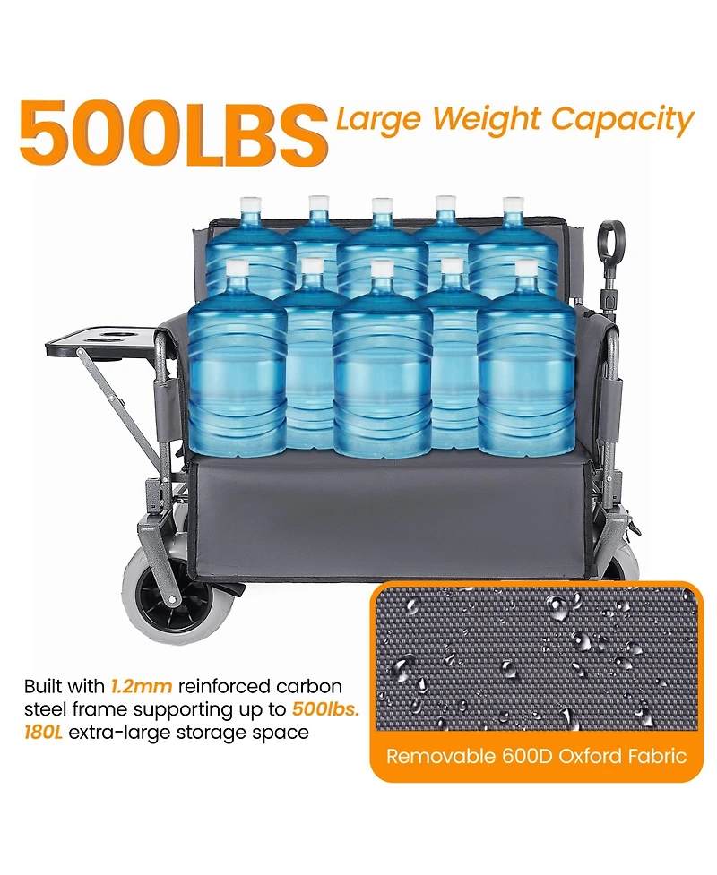 Rainsken Collapsible Wagon with Bench Seat and Rear-Mounted Folding Tabletop, 500lbs Heavy-Duty, 180L Capacity for Camping