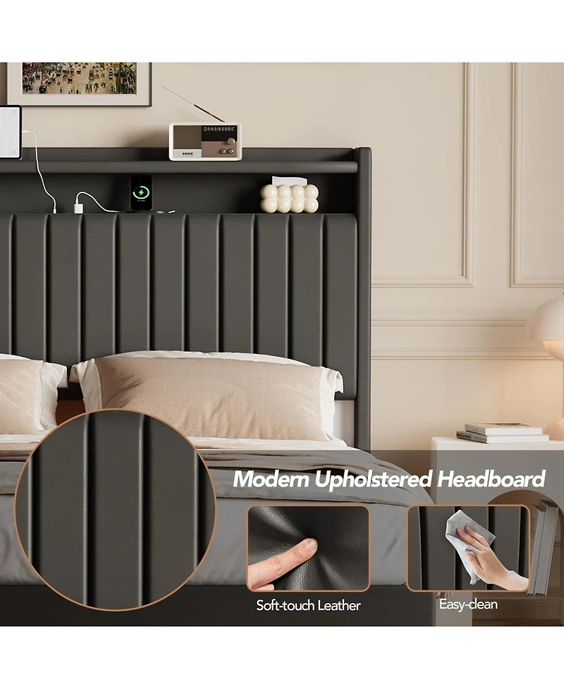 gaomon Floating Bed Frame with Rgb Led Lights & Charging Station, Upholstered Platform Bed Frame with Storage Headboard, No Box Spring Needed