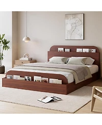 gaomon Bed Frame, Wooden Beds with Storage Headboard and Raised-Foodboard, Full-Floor Low Platform Bed for Bedroom,Wooden Slats Support