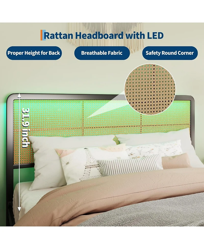 gaomon Rattan Platform Bed Frame with Led Light Headboard, Modern Style Cane Boho Frames Sturdy Steel Slat Support, Heavy