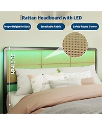 gaomon Rattan Platform Bed Frame with Led Light Headboard, Modern Style Cane Boho Frames Sturdy Steel Slat Support, Heavy