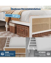 gaomon Size Rattan Platform Bed Frame with Led Light Headboard, Modern Style Cane Boho Bed Frames with Sturdy Steel Slat Support, Heavy