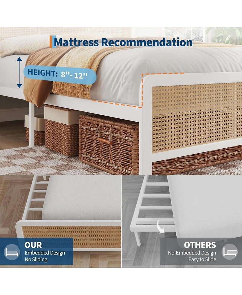 gaomon Rattan Platform Bed Frame with Led Light Headboard, Modern Style Cane Boho Frames Sturdy Steel Slat Support, Heavy