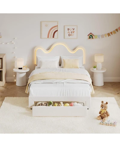 gaomonBed Frame Lamb Velvet Cute Platform Wooden Slats Led Light Noise Free No Box Spring
