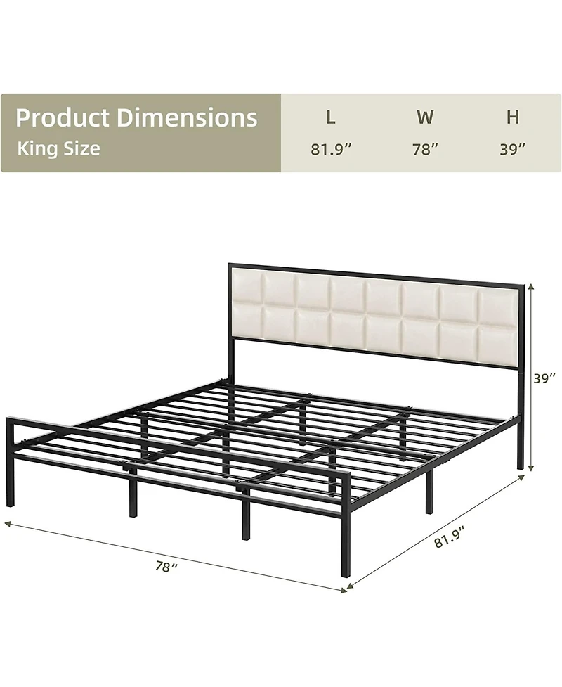 gaomon King Faux Leather Platform Bed Frame Upholstered Headboard Metal Frame Steel Slats Support Box Spring Optional Easy Assembly