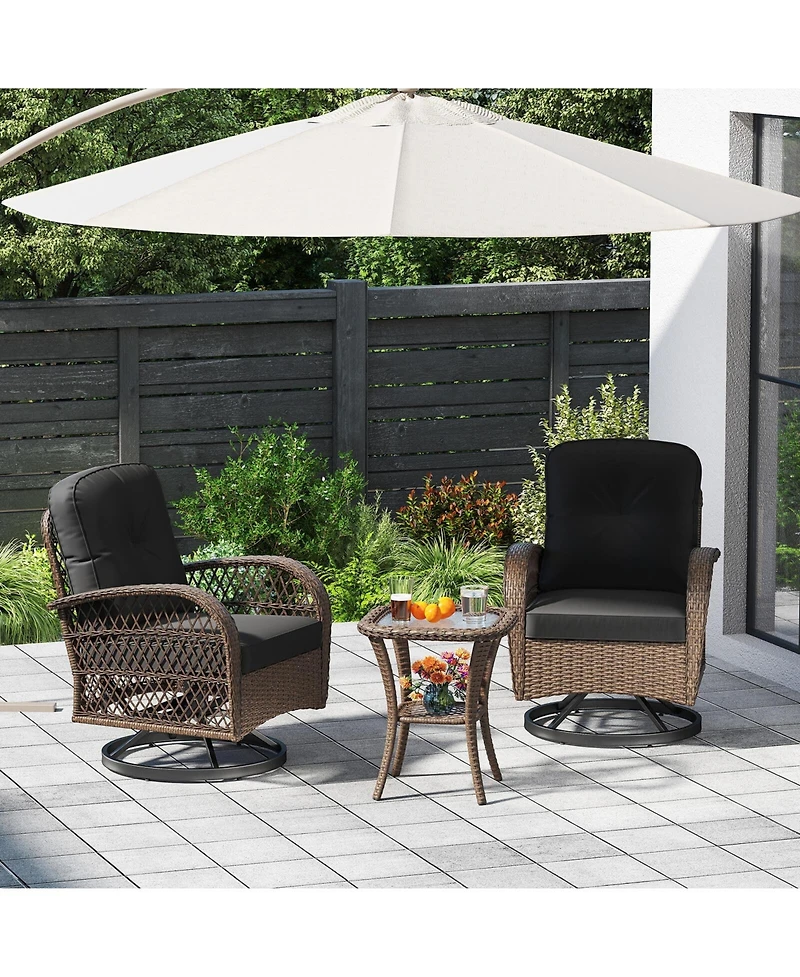 3 Pcs Patio Swivel Rocker Set Gliding Bistro Furniture with Tempered Glass Table