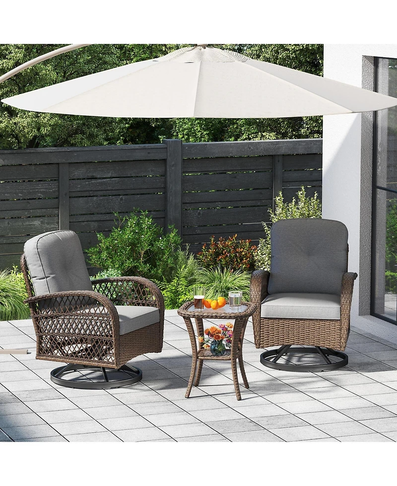 3 Pcs Patio Swivel Rocker Set Gliding Bistro Furniture Set with Tempered Glass Table