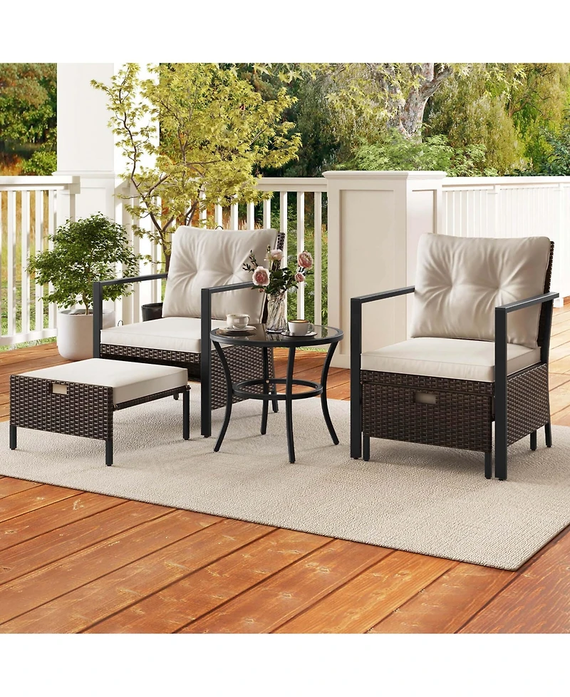 5 Pcs Outdoor Furniture Set Rattan Chairs & Ottomans with Glass Topped Coffee Table