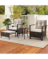 5 Pcs Outdoor Furniture Set Rattan Chairs & Ottomans with Glass Topped Coffee Table