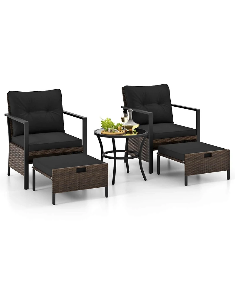 5 Pcs Outdoor Furniture Set Rattan Chairs & Ottomans with Glass Topped Coffee Table