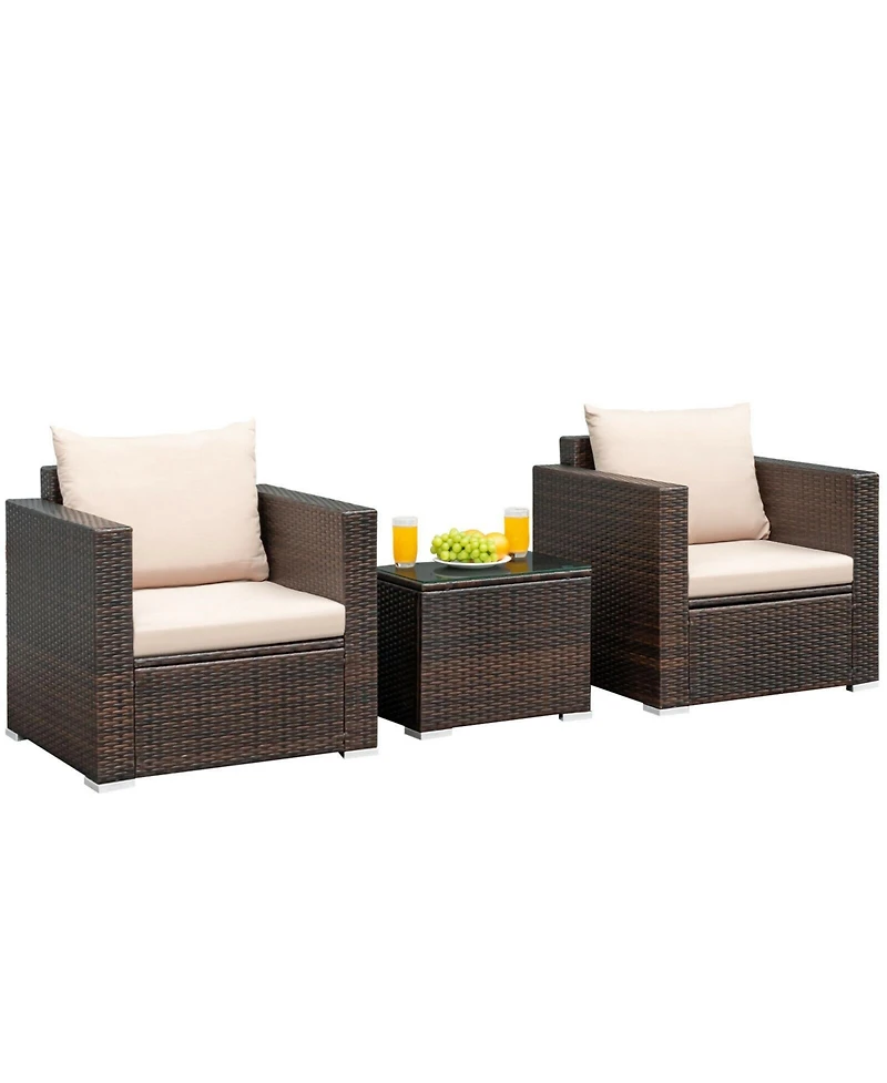 3PCS Patio Rattan Furniture Set Conversation Wicker Sofa Set w/Cushion Garden