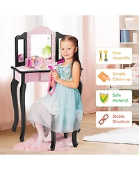 Costway Kid Vanity Set Wooden Makeup Table Stool Tri-Folding Mirror