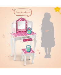 Costway Kid Vanity Set Wooden Makeup Table Stool Tri-Folding Mirror