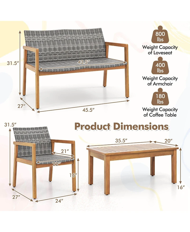 5 Pcs Outdoor Furniture Set Rattan Chairs & Ottomans with Glass Topped Coffee Table