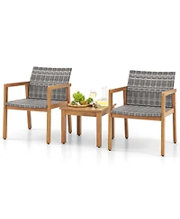 Costway 3 Pcs Outdoor Furniture Set, Acacia Wood Frame Sofa Set with Rattan Seat