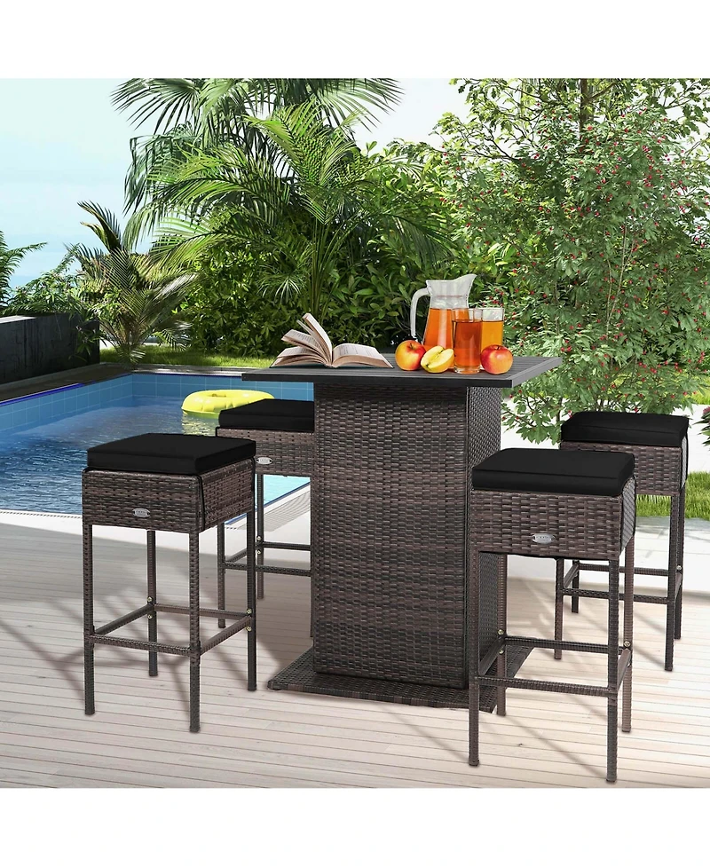 5PCS Patio Rattan Bar Table Stool Set Hidden Storage Shelf Cushion