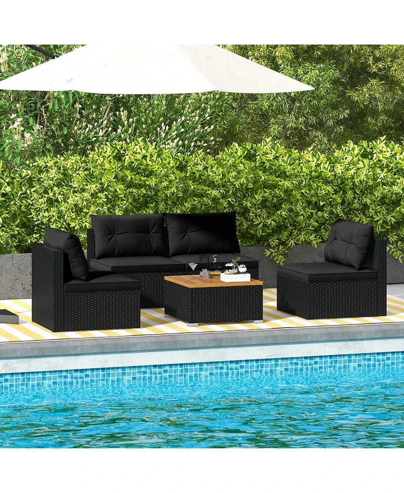 Costway 5 Piece Outdoor Furniture Set with Seat & Back Cushions Acacia Wood Tabletop