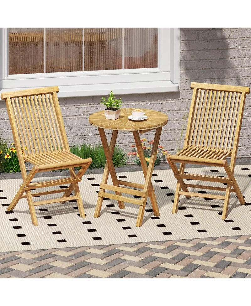 3 Pcs Folding Patio Bistro Set Teak Wood Round Table and Chairs Furniture Set