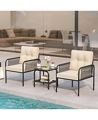 3 Pcs Patio Bistro Set with Tempered Glass Table Chairs Back and Seat Cushions