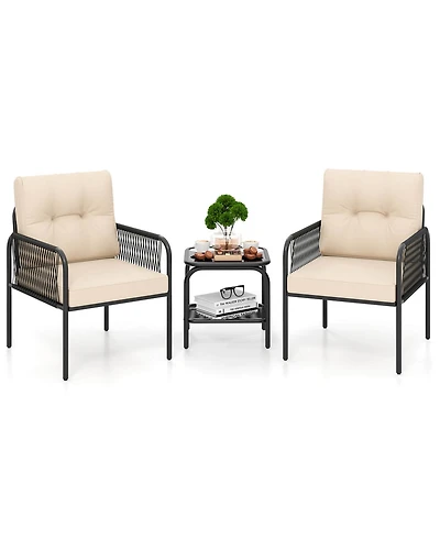 3 Pcs Patio Bistro Set with Tempered Glass Table Chairs Back and Seat Cushions