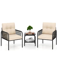 3 Pcs Patio Bistro Set with Tempered Glass Table Chairs Back and Seat Cushions