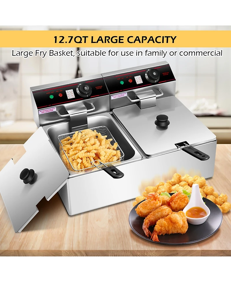 3400W Electric Countertop Deep Fryer Dual Tank Home Steel