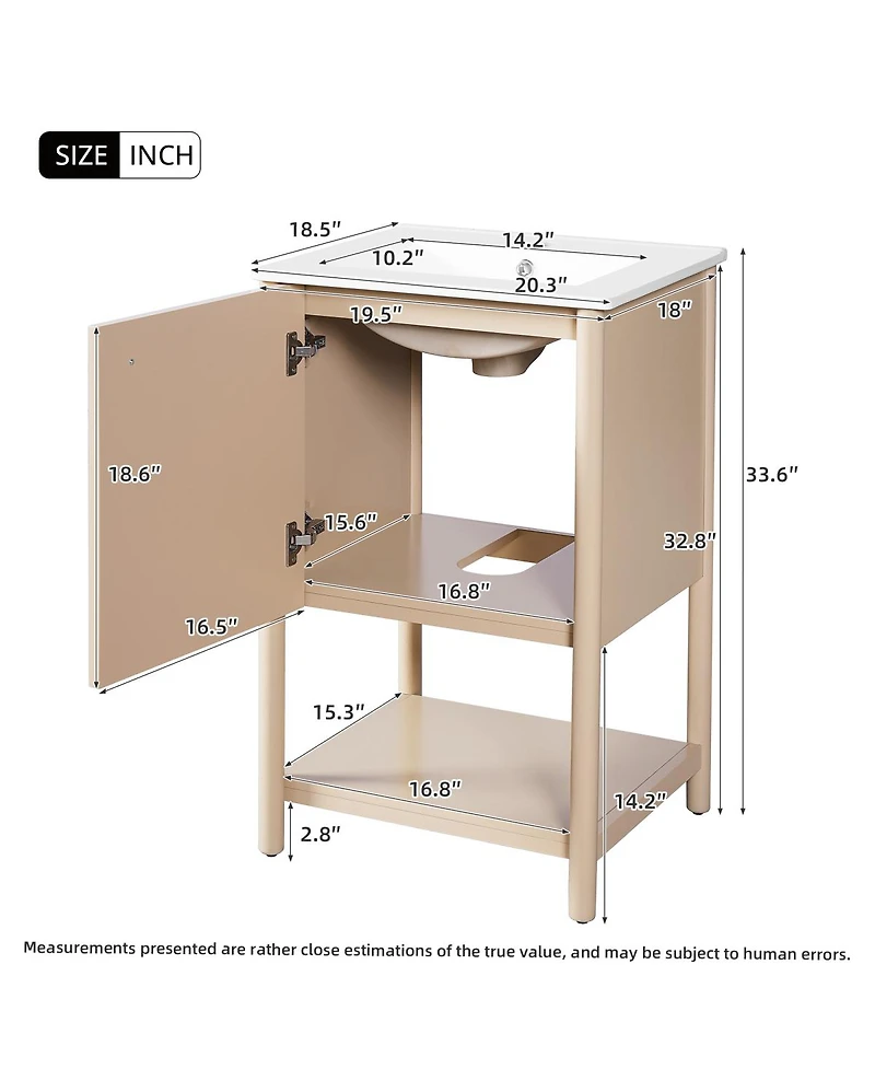 Sillysis 20" Modern French Bathroom Vanity Cabinet with Ceramic Sink, Soft Close Door, Cream Carved Pattern Storage for Small Bathrooms