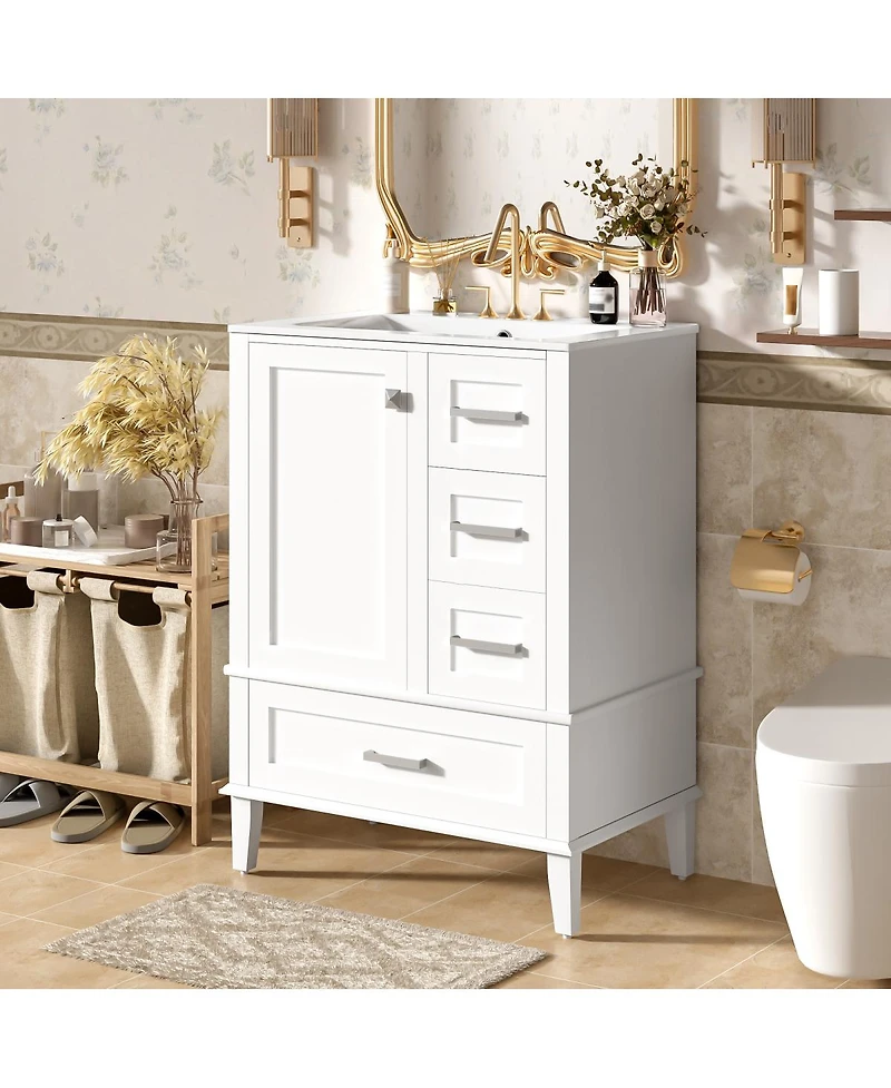 Sillysis 24.8" Bathroom Vanity with Ceramic Sink, Modern Freestanding Solid Wood Mdf Cabinet, 3 Drawers Soft Close Door for Small Spaces