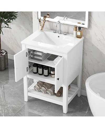 Sillysis 24" Bathroom Vanity with Ceramic Sink, Solid Wood Frame, Open Shelf Storage for Modern Small Spaces