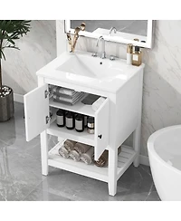 Sillysis 24" Bathroom Vanity with Ceramic Sink, Solid Wood Frame, Open Shelf Storage for Modern Small Spaces