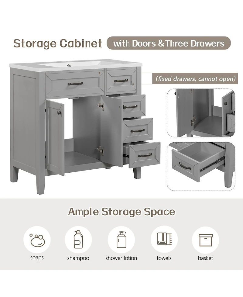 Sillysis 36" Bathroom Vanity with Ceramic Sink, Solid Wood Frame, Storage Cabinet & Drawers for Modern Home
