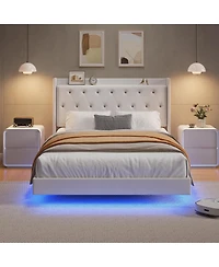 gaomon Wood Storage & Led Light Floating Bed Frame with Velvet Upholstered Wingback Headboard