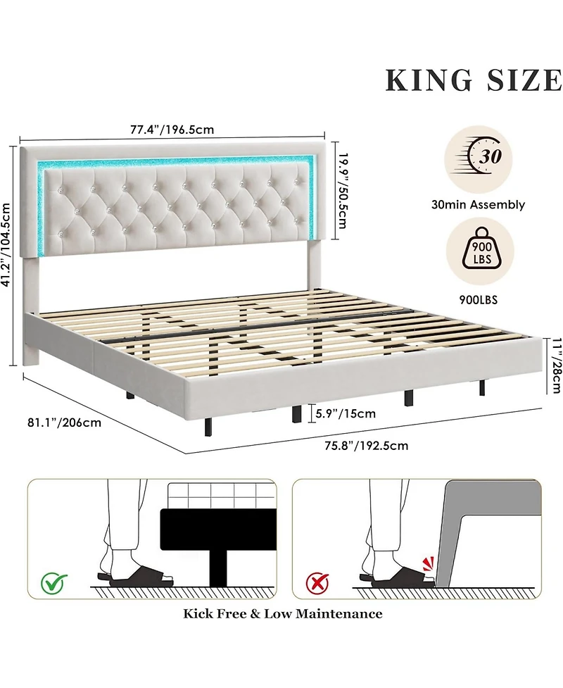 gaomon Floating Bed Frame with Smart Led Lights, Upholstered Platform Diamond Headboard, Solid Wood Slats Support