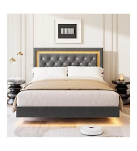 gaomon Floating Bed Frame with Smart Led Lights, Upholstered Platform Diamond Headboard, Solid Wood Slats Support