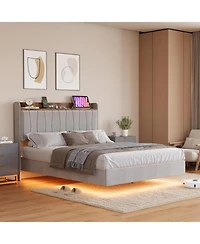 gaomon Floating Bed Frame with Led and Storage Headboard Upholstered Charging Station No Box