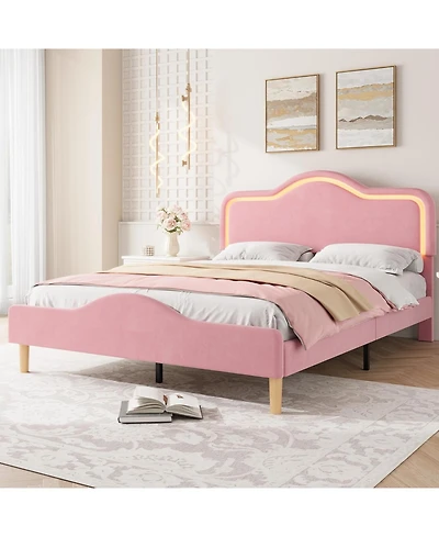 gaomon Bed Frame Adjustable Led Headboard Velvet Upholstered Platform Wooden Slats No Box Spring