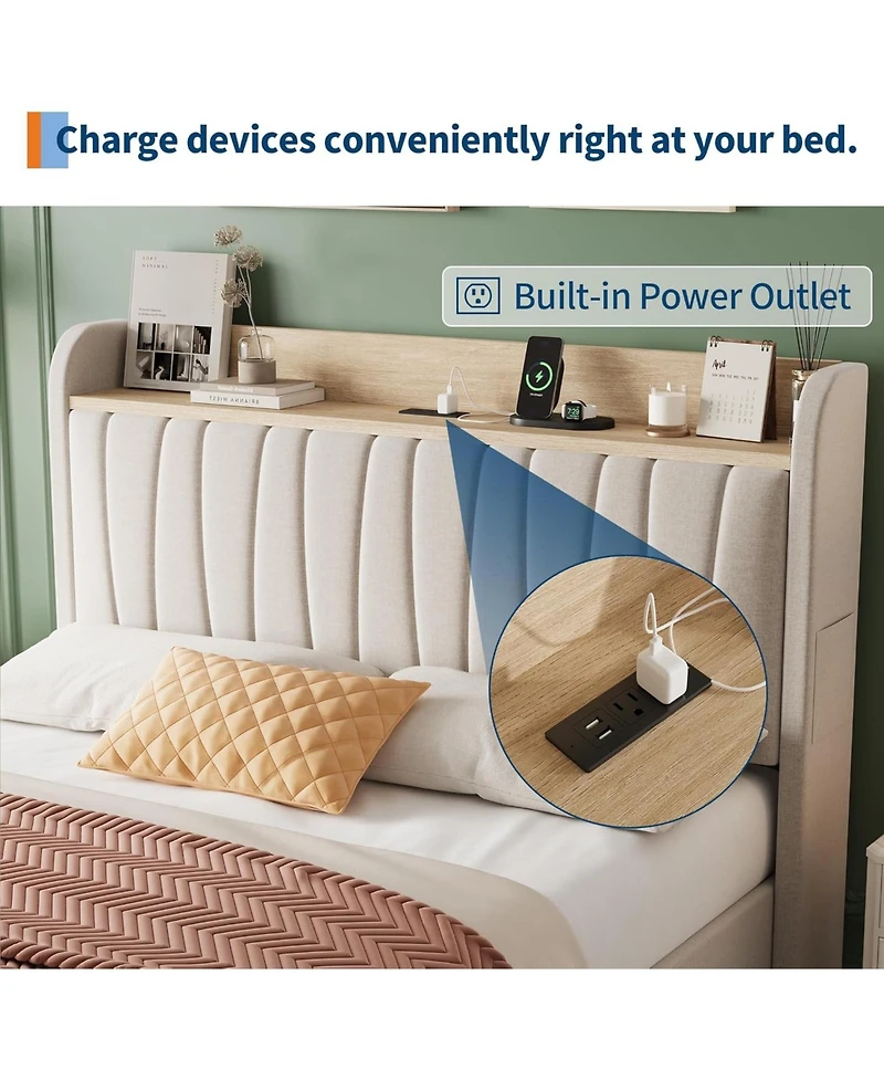 gaomon Bed Frame with Storage Headboard, Upholstered Platform Beds Drawers, Charging Station, Noise-Free