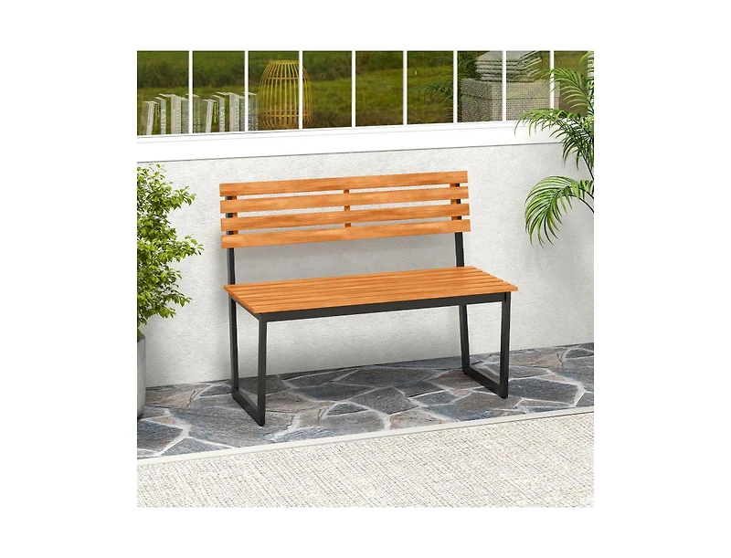 Slickblue Acacia Wood Outdoor Bench Loveseat with Backrest and Metal Frame