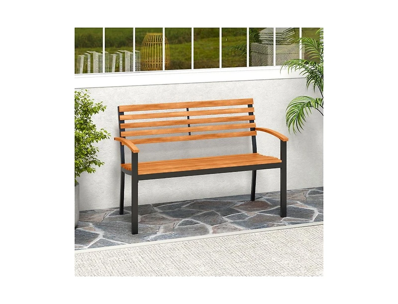 Slickblue Patio Acacia Wood Loveseat Bench with Backrest and Armrests