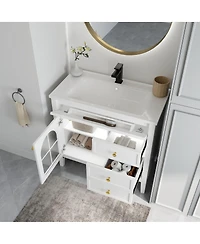 Sillysis Bathroom Vanity with Sink, Medieval Glass Doors, Motion Sensor Lighting, Flip Drawer & Adjustable Storage for Modern Homes