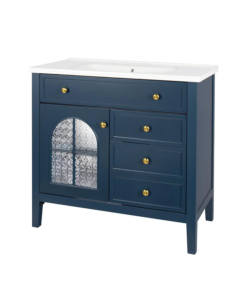 Sillysis Bathroom Vanity with Sink, Medieval Glass Doors, Motion Sensor Lighting, Flip Drawer & Adjustable Storage for Modern Homes