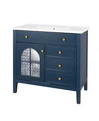 Sillysis Bathroom Vanity with Sink, Medieval Glass Doors, Motion Sensor Lighting, Flip Drawer & Adjustable Storage for Modern Homes