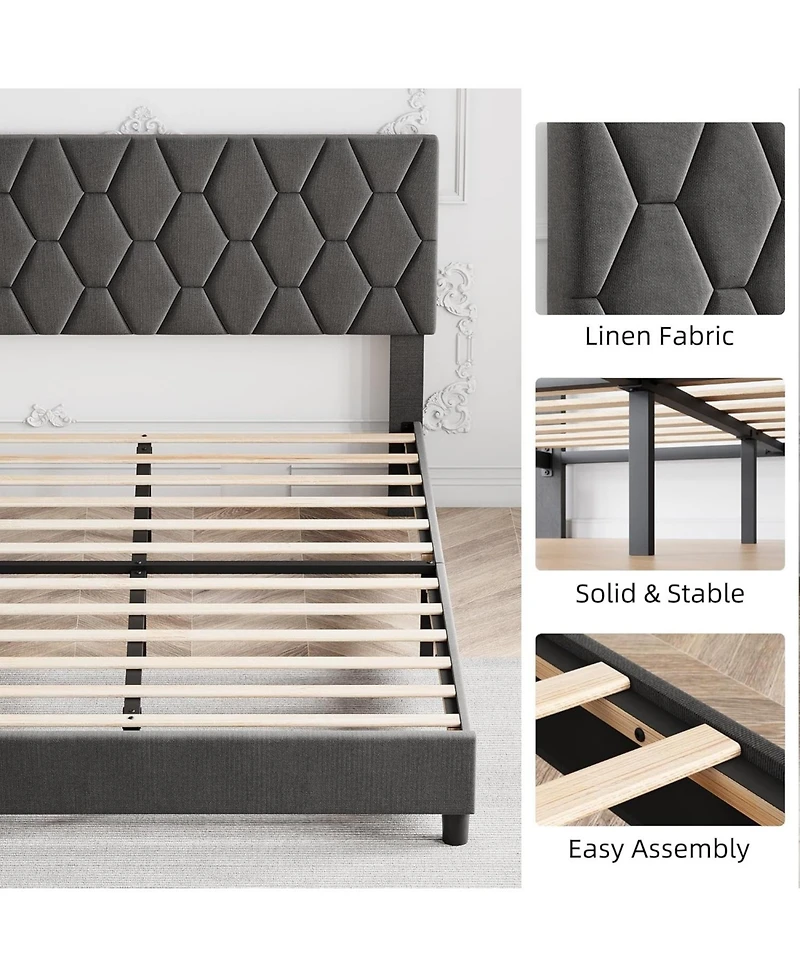 gaomon King Platform Bed Frame Upholstered Headboard Adjustable Fabric Diamond Pattern Soft Fabric Wood Slat Support