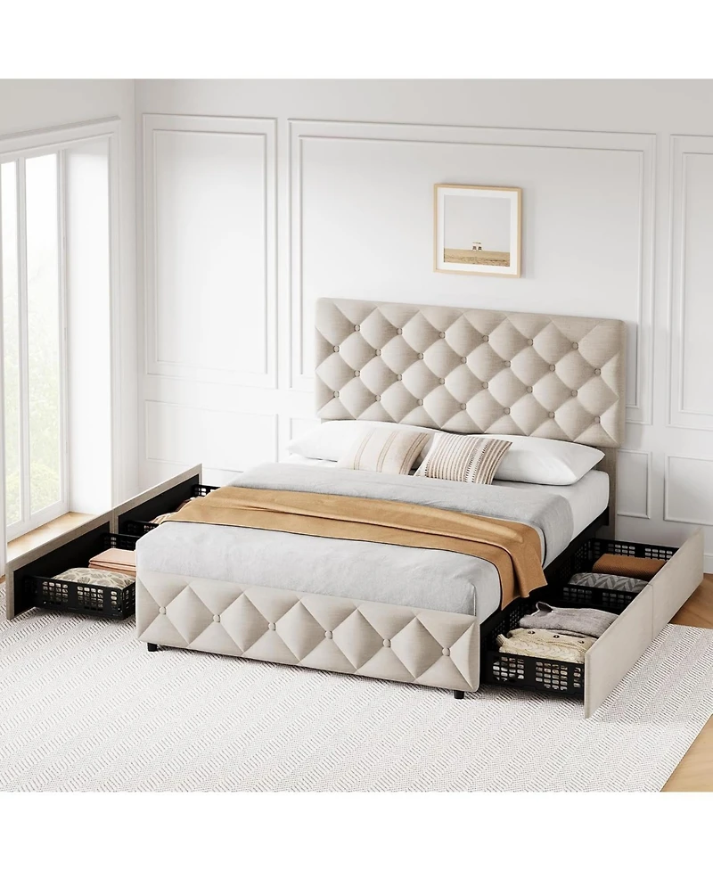 gaomon Full Bed Frame 4 Storage Drawers Adjustable Headboard Upholstered Platform Diamond Tufted Easy Assembly No Box Spring