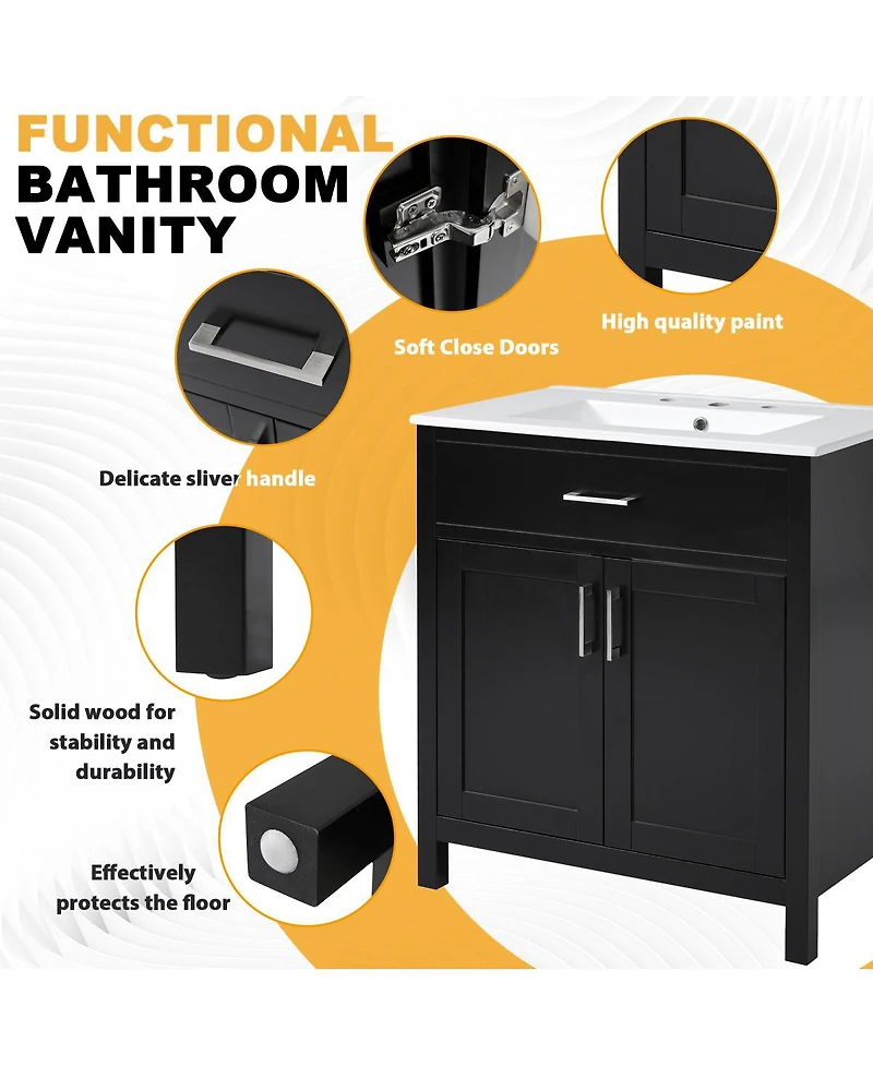 Sillysis 30" Bathroom Vanity with Ceramic Sink, Soft Close Doors and Drawer, Solid Wood Mdf Storage Cabinet for Small Bathrooms