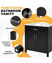 Sillysis 30" Bathroom Vanity with Ceramic Sink, Soft Close Doors and Drawer, Solid Wood Mdf Storage Cabinet for Small Bathrooms