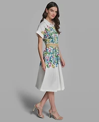 Karl Lagerfeld Paris Petite Floral Collared Neck Belted Dress