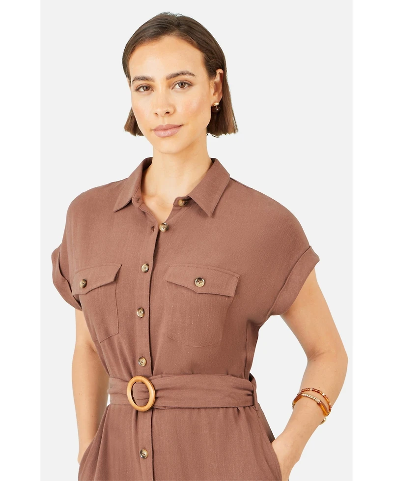Yumi Women's Viscose Linen Look Midi Shirt Dress