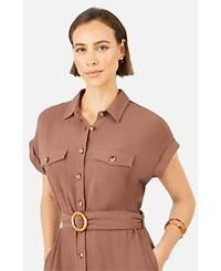 Yumi Women's Viscose Linen Look Midi Shirt Dress